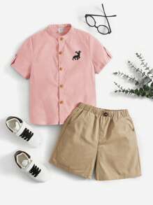 SHEIN 幼童男孩鹿印花帶扣袖襯衫和短褲