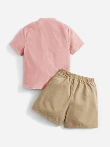 SHEIN 幼童男孩鹿印花帶扣袖襯衫和短褲