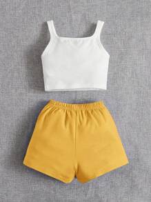 SHEIN 嬰兒素色背心上衣和字母圖案短褲 - 黃色 - 查看 2