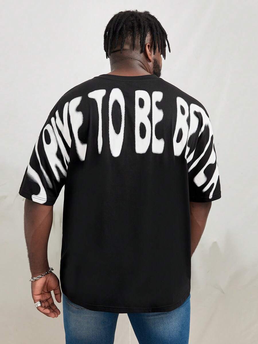 Manfinity RebelGame Men Plus Cotton Slogan Graphic Drop Shoulder Tee - Black - View 1