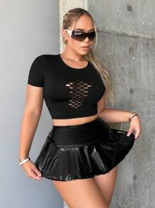 SHEIN SXY 夏季性感高腰pu皮革擴腳裙