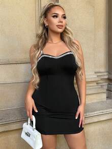 SHEIN SXY Đầm Pha lê kim cương Dây kéo Ruy băng màu trơn Gợi cảm - màu đen - Xem 3