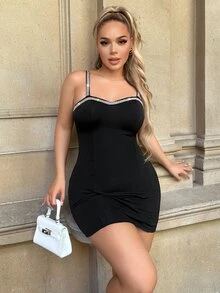 SHEIN SXY Đầm Pha lê kim cương Dây kéo Ruy băng màu trơn Gợi cảm - màu đen - Xem 4