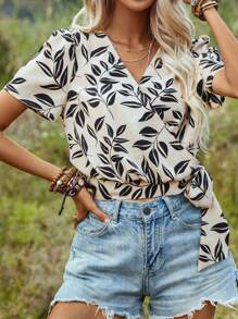 SHEIN VCAY Plants Print Knot Side Wrap Blouse - Multicolor - View 1