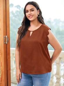 SHEIN Clasi 大碼鎖眼領口貝殼邊上衣 - 咖啡棕 - 查看 2