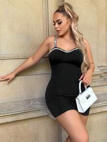 SHEIN SXY Đầm Pha lê kim cương Dây kéo Ruy băng màu trơn Gợi cảm - màu đen - Xem 5