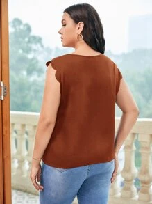 SHEIN Clasi 大碼鎖眼領口貝殼邊上衣 - 咖啡棕 - 查看 3