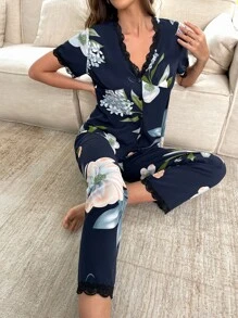 Floral Print Lace Trim PJ Set / Pajama Set - Navy Blue - View 1