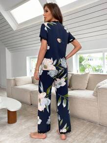 Floral Print Lace Trim PJ Set / Pajama Set - Navy Blue - View 2