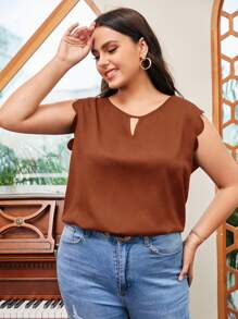 SHEIN Clasi 大碼鎖眼領口貝殼邊上衣 - 咖啡棕 - 查看 4