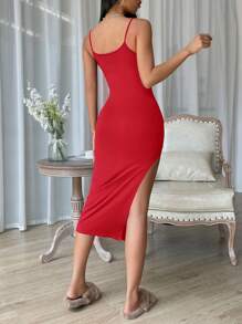 SHEIN Essnce Vestido de tirantes unicolor de muslo con abertura - Rojo - Ver 2