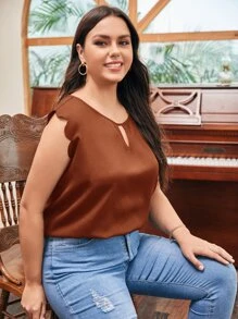 SHEIN Clasi 大碼鎖眼領口貝殼邊上衣 - 咖啡棕 - 查看 5