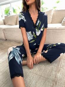 Floral Print Lace Trim PJ Set / Pajama Set - Navy Blue - View 4