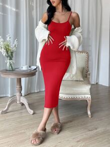 SHEIN Essnce Vestido de tirantes unicolor de muslo con abertura - Rojo - Ver 4