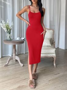 SHEIN Essnce Vestido de tirantes unicolor de muslo con abertura - Rojo - Ver 6