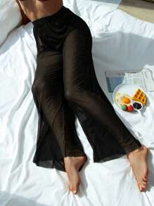 SHEIN Swim Summer Beach Solid Sheer Mesh Cover Up Pants - Black - View 2
