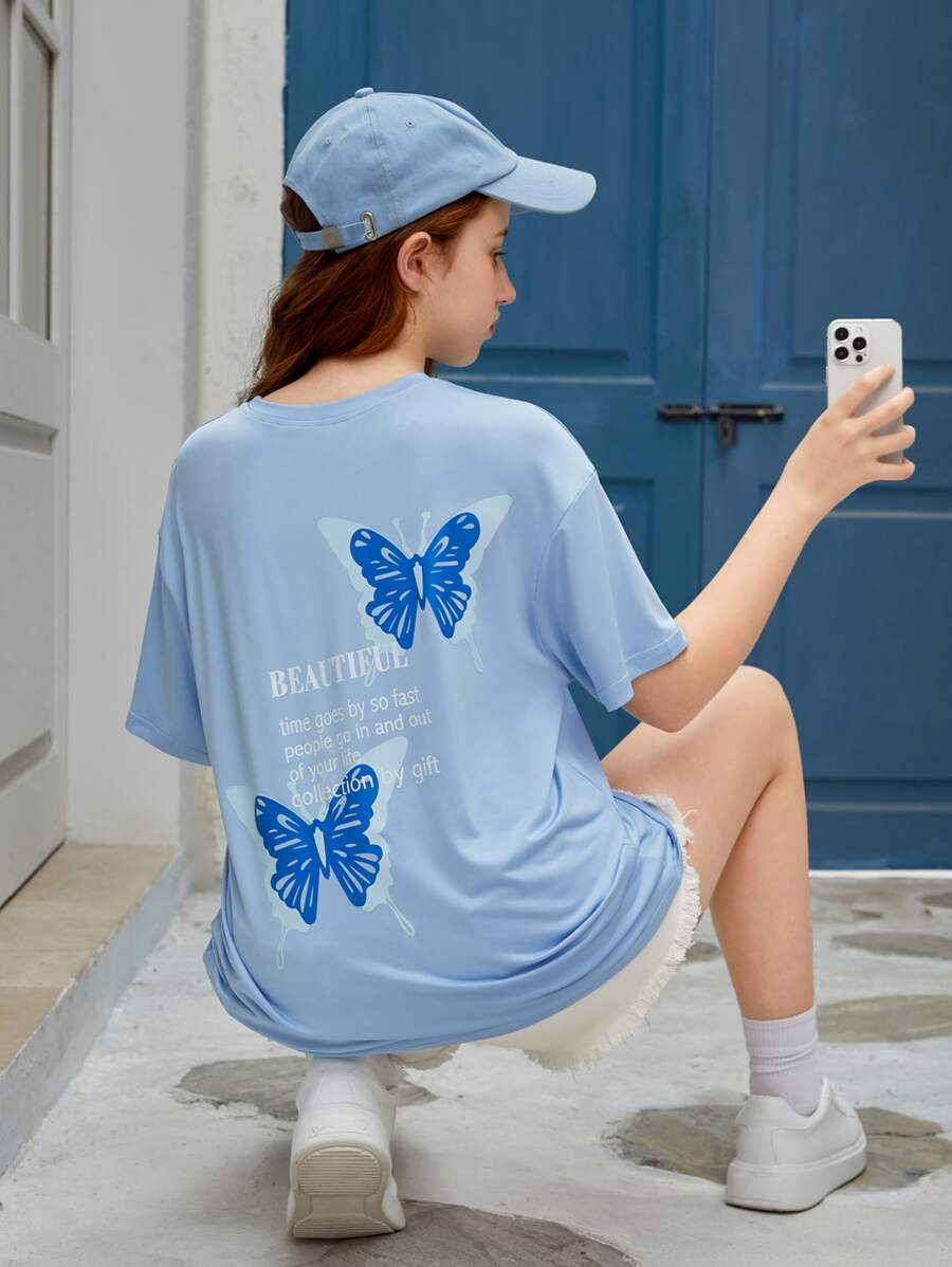 SHEIN Tops con gái Slogan Loại bướm Giải trí - Màu xanh nhạt - Xem 1