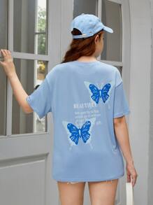 SHEIN Tops con gái Slogan Loại bướm Giải trí - Màu xanh nhạt - Xem 2