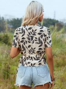 SHEIN VCAY Plants Print Knot Side Wrap Blouse - Multicolor - View 3