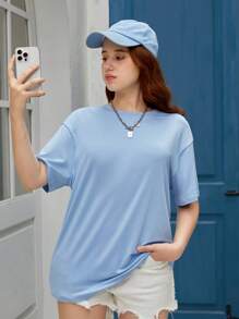 SHEIN Tops con gái Slogan Loại bướm Giải trí - Màu xanh nhạt - Xem 4