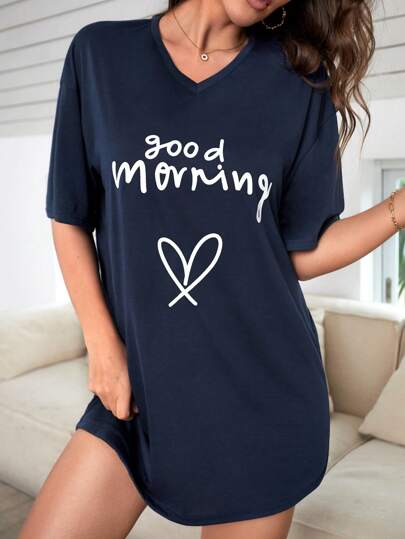 Snug Zone Heart & Slogan Graphic Drop Shoulder Pajama Nightdress