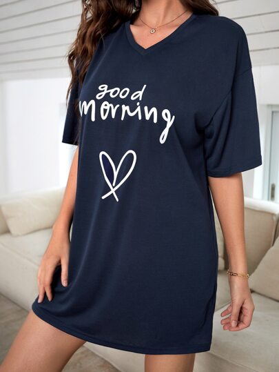 Heart Slogan Graphic Drop Shoulder Pajama Nightdress view 4