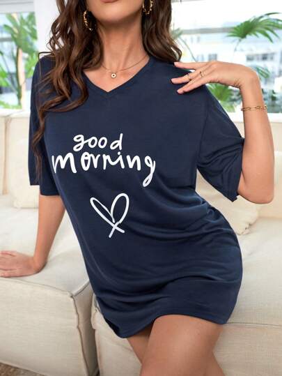 Heart Slogan Graphic Drop Shoulder Pajama Nightdress view 5