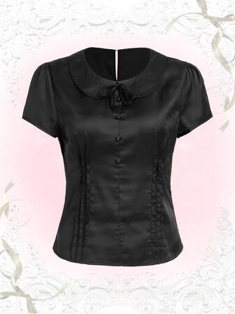 Solid Peter Pan Collar Knot Front Satin Blouse