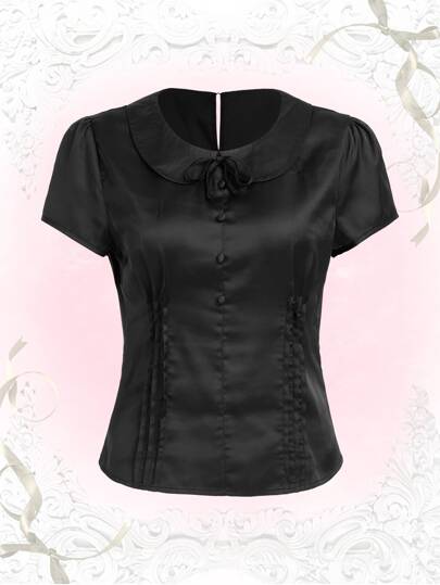 Solid Peter Pan Collar Knot Front Satin Blouse