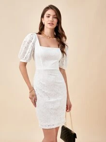BizChic 方領泡泡袖蕾絲覆蓋連衣裙 - 白色 - 查看 1