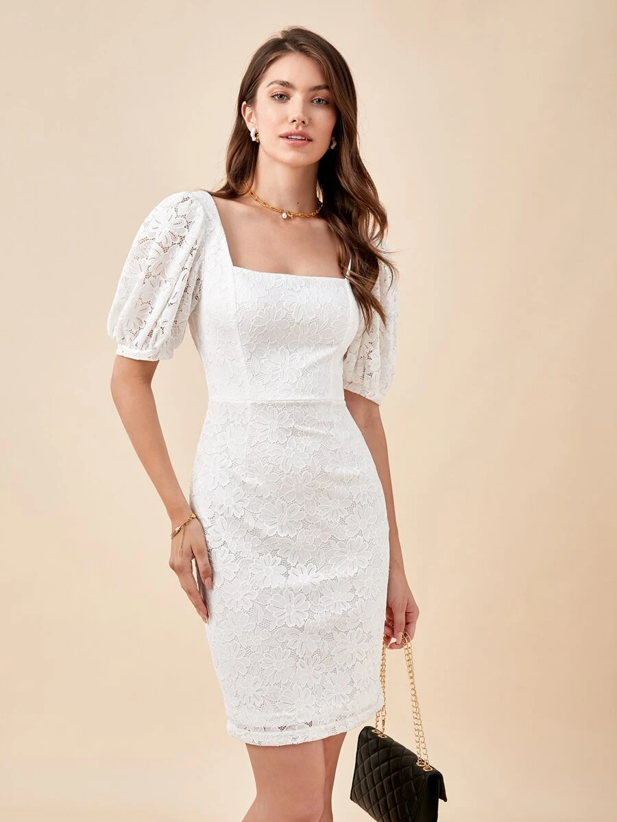 BizChic 方領泡泡袖蕾絲覆蓋連衣裙 - 白色 - 查看 1