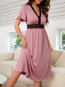 Contrast Lace Lettuce Trim Nightdress - Mauve Purple - View 5