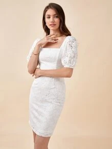 BizChic 方領泡泡袖蕾絲覆蓋連衣裙 - 白色 - 查看 6