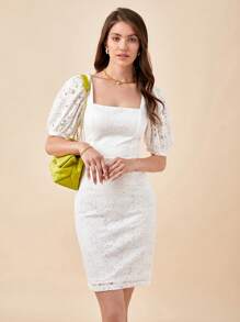 BizChic 方領泡泡袖蕾絲覆蓋連衣裙 - 白色 - 查看 7