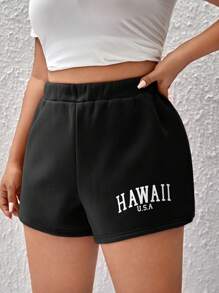 SHEIN EZwear Quần Short kích thước lớn Lá thư Giải trí - màu đen - Xem 1