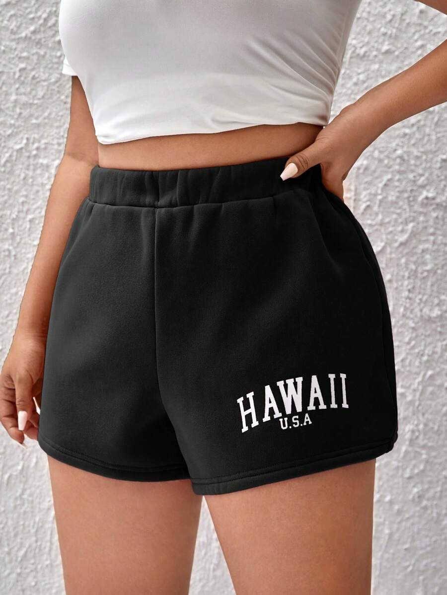 SHEIN EZwear Quần Short kích thước lớn Lá thư Giải trí - màu đen - Xem 1