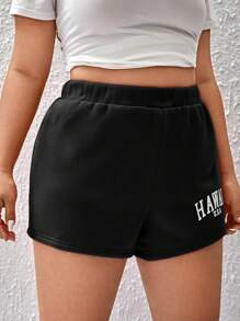 SHEIN EZwear Quần Short kích thước lớn Lá thư Giải trí - màu đen - Xem 4