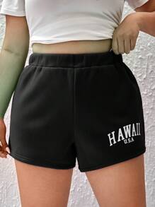 SHEIN EZwear Quần Short kích thước lớn Lá thư Giải trí - màu đen - Xem 5