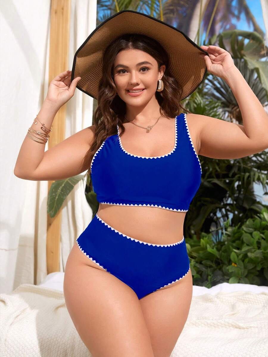 Plus Size Whip Stitch Bikini Set Summer Beach - Blue - View 1
