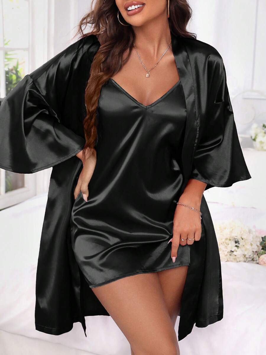 SilkySpell Conjunto de pijama con bata de satén de hombros caídos y camisón, ropa de otoño - Negro - Ver 1