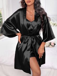 SilkySpell Conjunto de pijama con bata de satén de hombros caídos y camisón, ropa de otoño - Negro - Ver 4