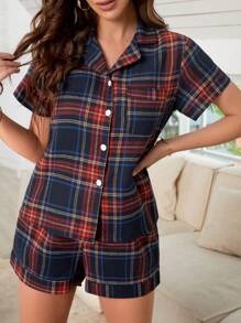 Miss Vinta Plaid Print Lapel Neck Top & Shorts Lounge Set Outfit - Multicolor - View 1