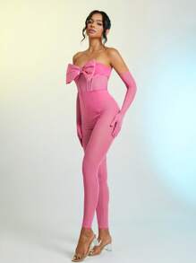 Bow Front Tube Unitard Jumpsuit With Arm Sleeves - Baby Pink - View 1