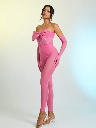 Bow Front Tube Unitard Jumpsuit With Arm Sleeves