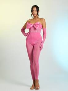 Bow Front Tube Unitard Jumpsuit With Arm Sleeves - Baby Pink - View 3