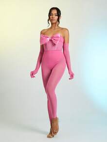 Bow Front Tube Unitard Jumpsuit With Arm Sleeves - Baby Pink - View 4