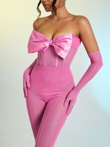 Bow Front Tube Unitard Jumpsuit With Arm Sleeves - Baby Pink - View 6
