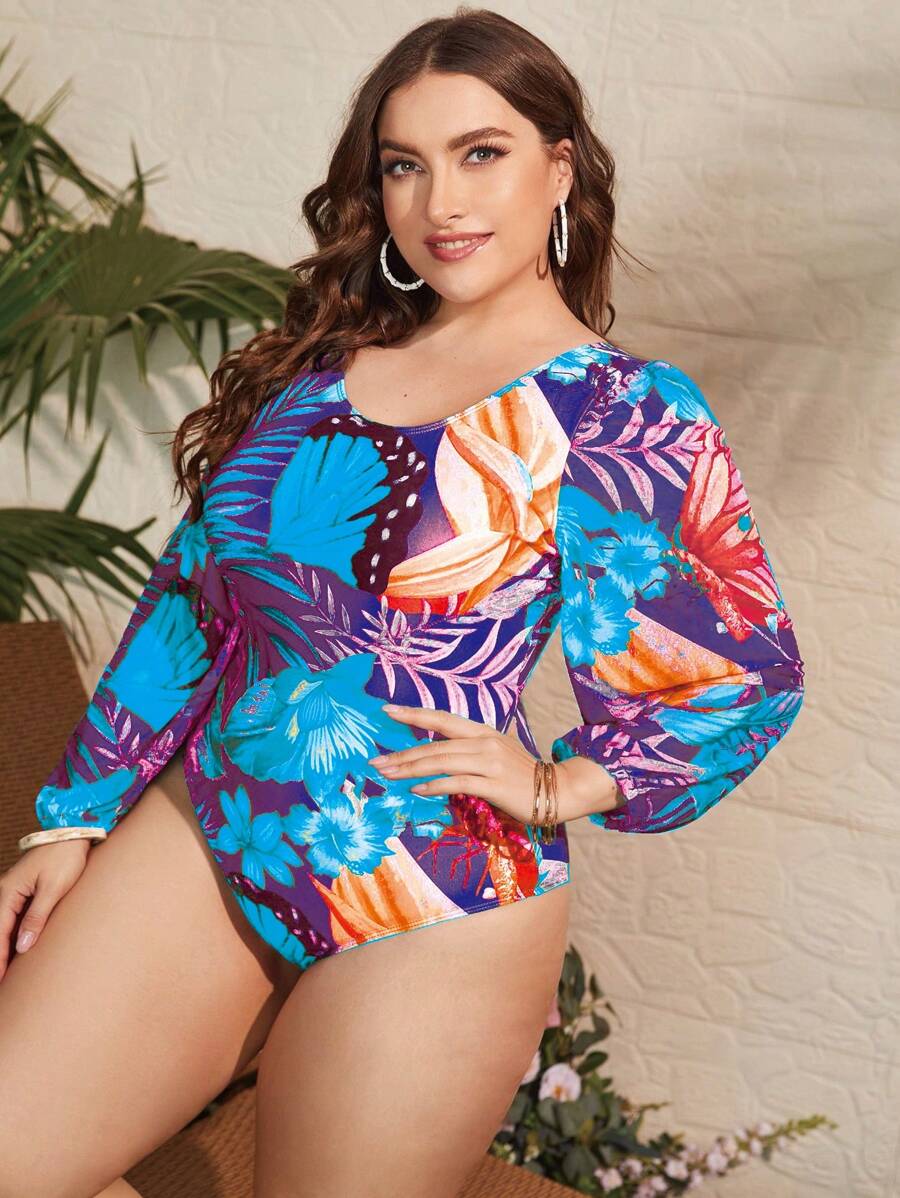 SHEIN Swim Curve Plus Tropical Print One Piece Swimsuit For Summer Beach Vacation - Multicolor - View 1