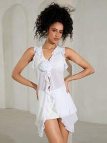 SHEINNeu Ruffle Trim Asymmetrical Hem Mesh Tank Top Without Bra
