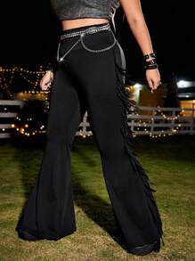 ROMWE PUNK 大碼流蘇邊喇叭褲不附腰帶 - 黑色 - 查看 1